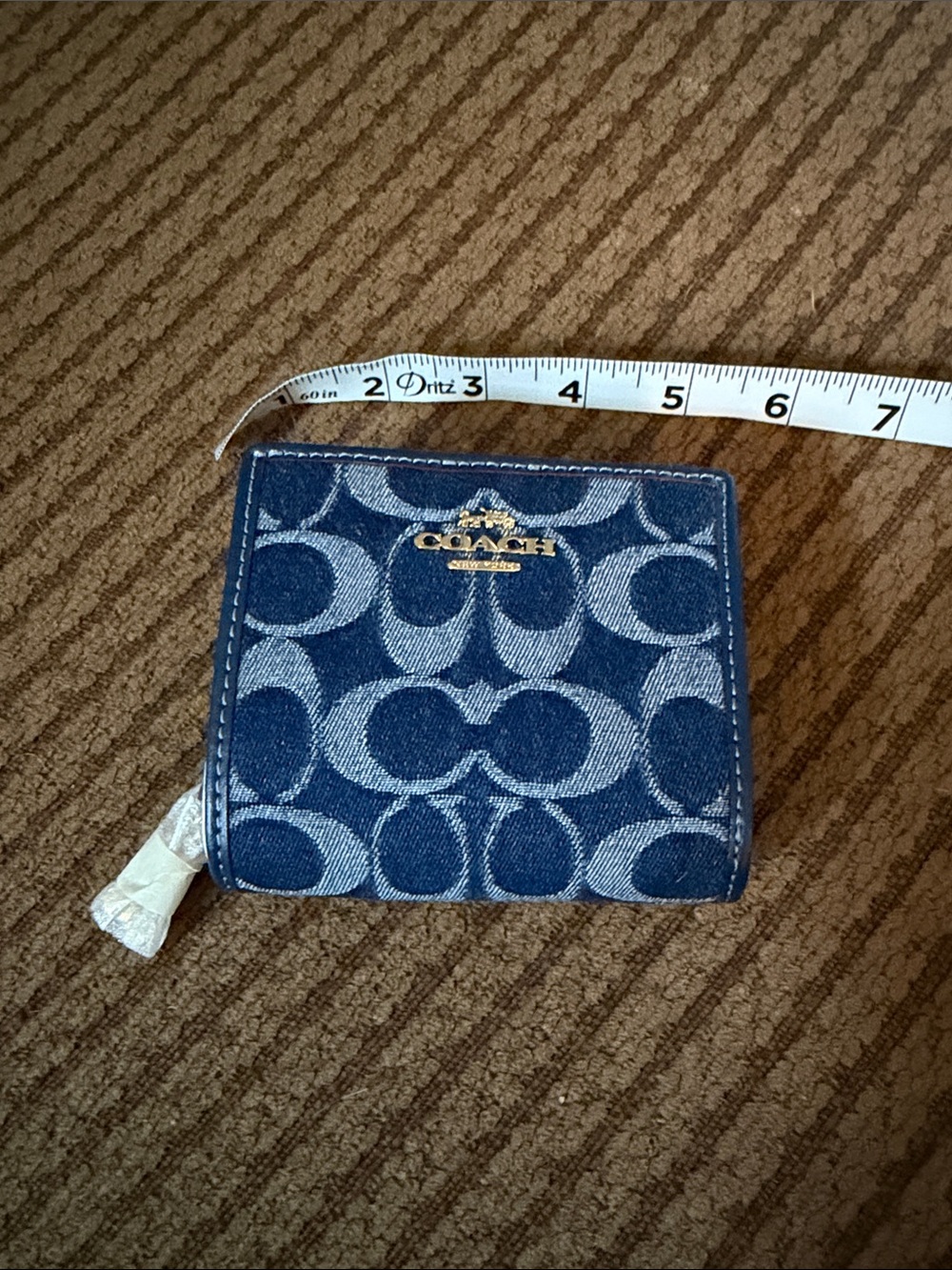 Coach Denim Signature Compact Wallet - Navy Blue with Gold Logo - Picture 3 of 6